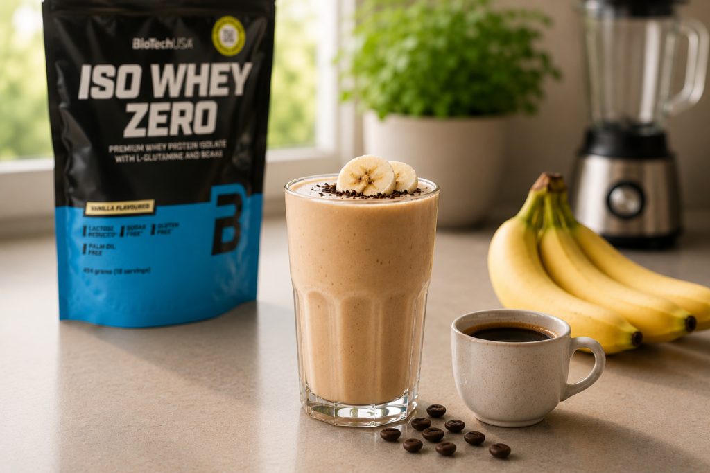 Fehérjés jegeskávé-smoothie fagyasztott banánnal