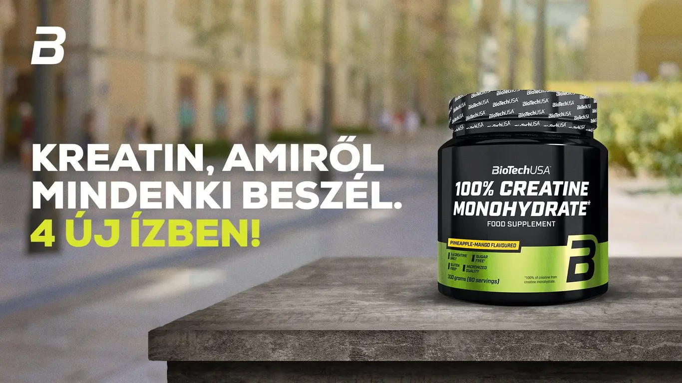 BioTechUSA 100% Creatine Monohydrate termék fehér alapon sportfelszereléssel