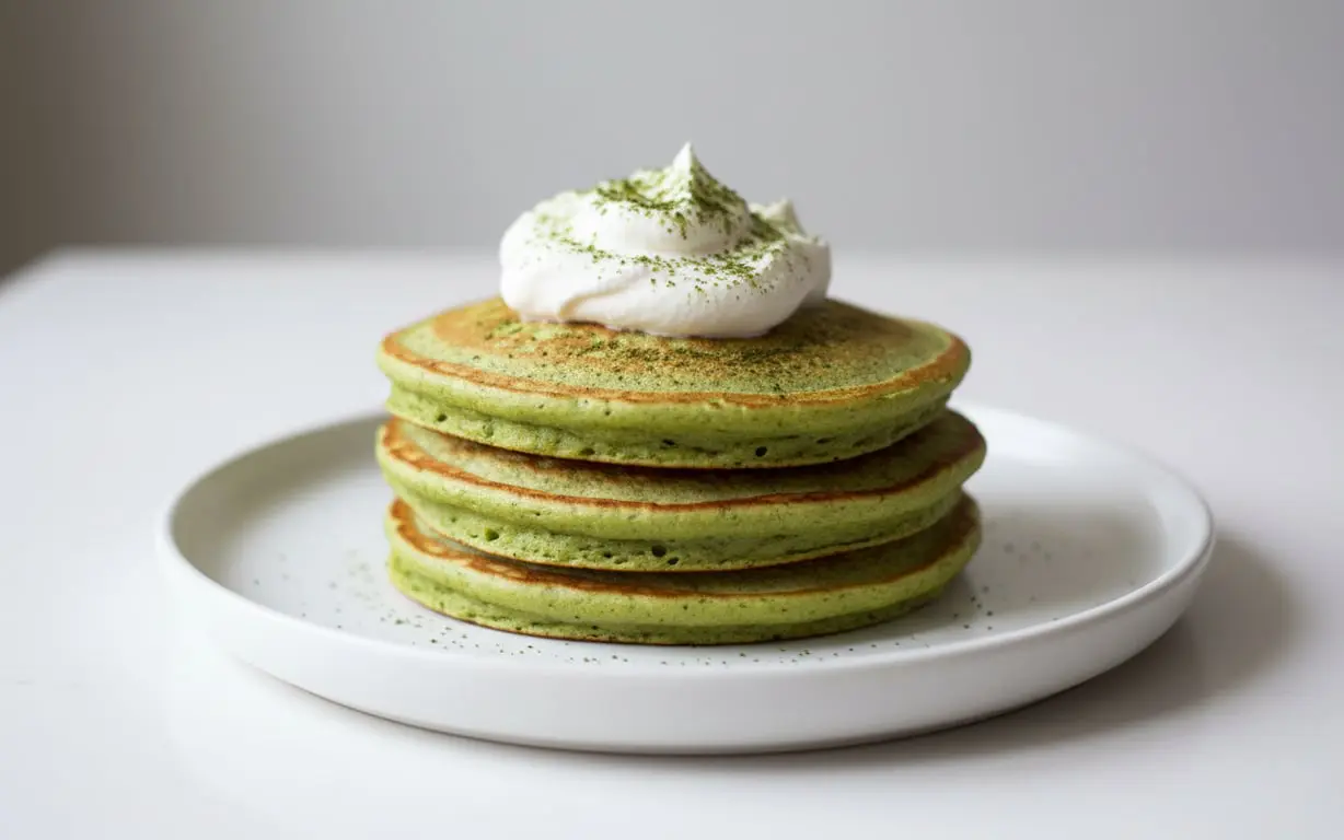 Zöld matcha ízű fehérjepalacsinta torony tejszínhabbal és zöld tea porral megszórva