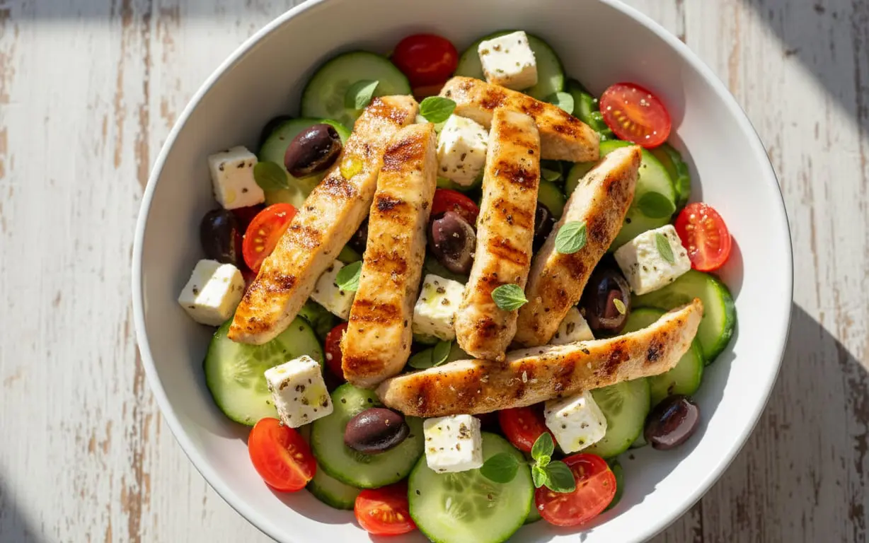 Görög csirkés saláta feta sajttal, olívabogyóval és friss zöldségekkel tálalva