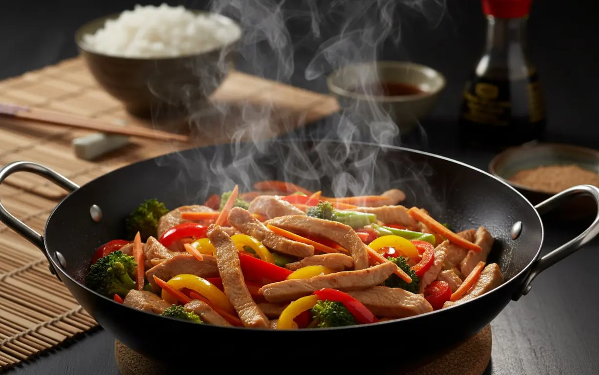 Pulykahúsos zöldséges wok serpenyőben, gőzölgő fűszeres ázsiai vacsora közeli képe